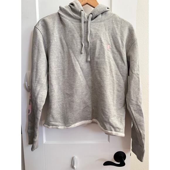 Champion Womens Medium Crop Oxford Heather Gray Hoodie with Pink Logo - Picture 1 of 12